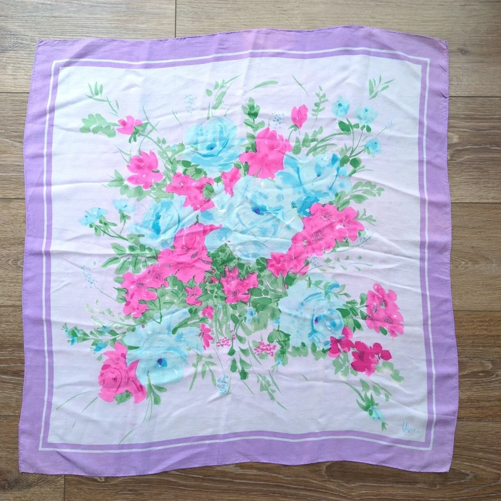 Vtg 60s/70s Vera Neumann Floral Silk Scarf Purple Pink Blue Roses Sheer Square
